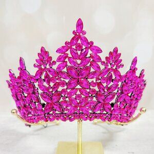 Fuchsia Crystal Crown, Crystal Bridal Tiara, Prom Black Headdress, Cosplay Crown